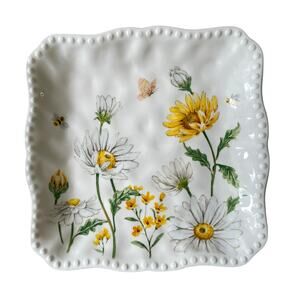 MAXCERA Spring Easter Bee Butterfly Daisy Square Salad Plates 8.5in Set of 4 New